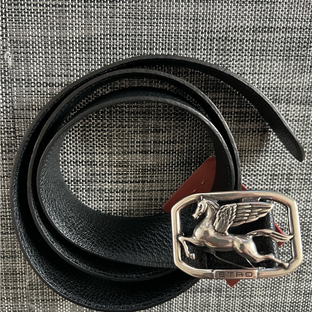 New Men's ETRO Black Leather Belt with Silver Pegasus Buckle